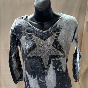 Y2K Vintage Grey Star Embellished Women's‎ Fitted Long Sleeve Top Size Large